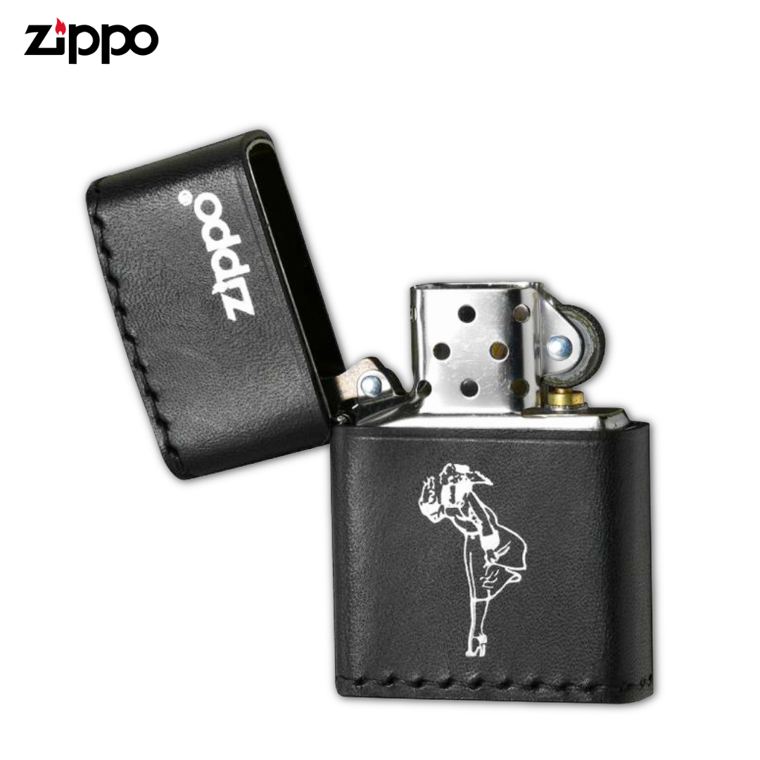 Zippo B-WS Windy Girl Black Leather Lighter | Silver Foil Stamp