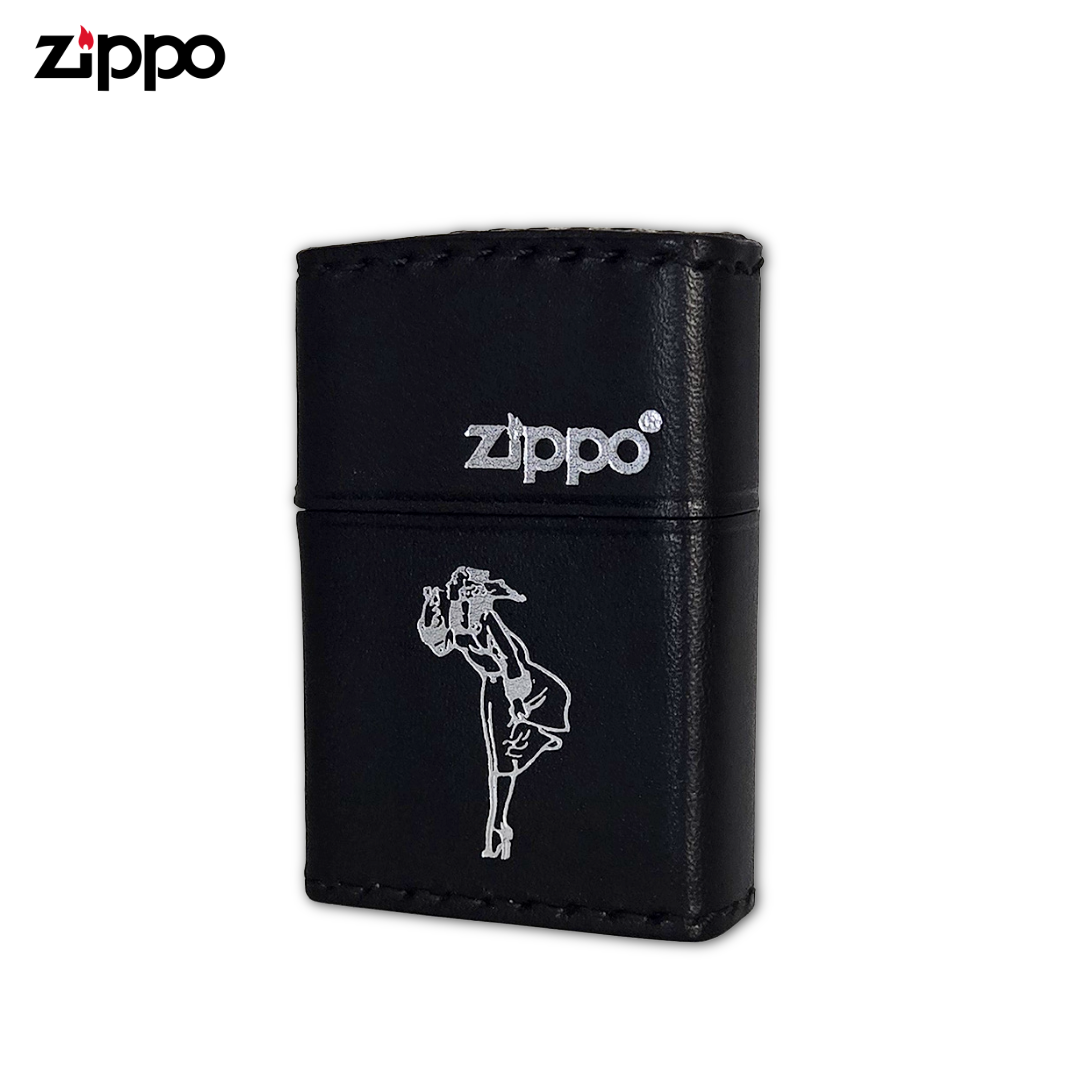 Zippo B-WS Windy Girl Black Leather Lighter | Silver Foil Stamp