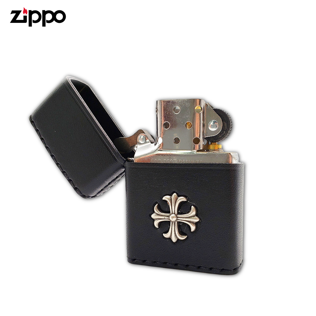 Zippo 2CM-3BK Leather Metal Cross Black Lighter | Cowhide & Fleur-de-Lis