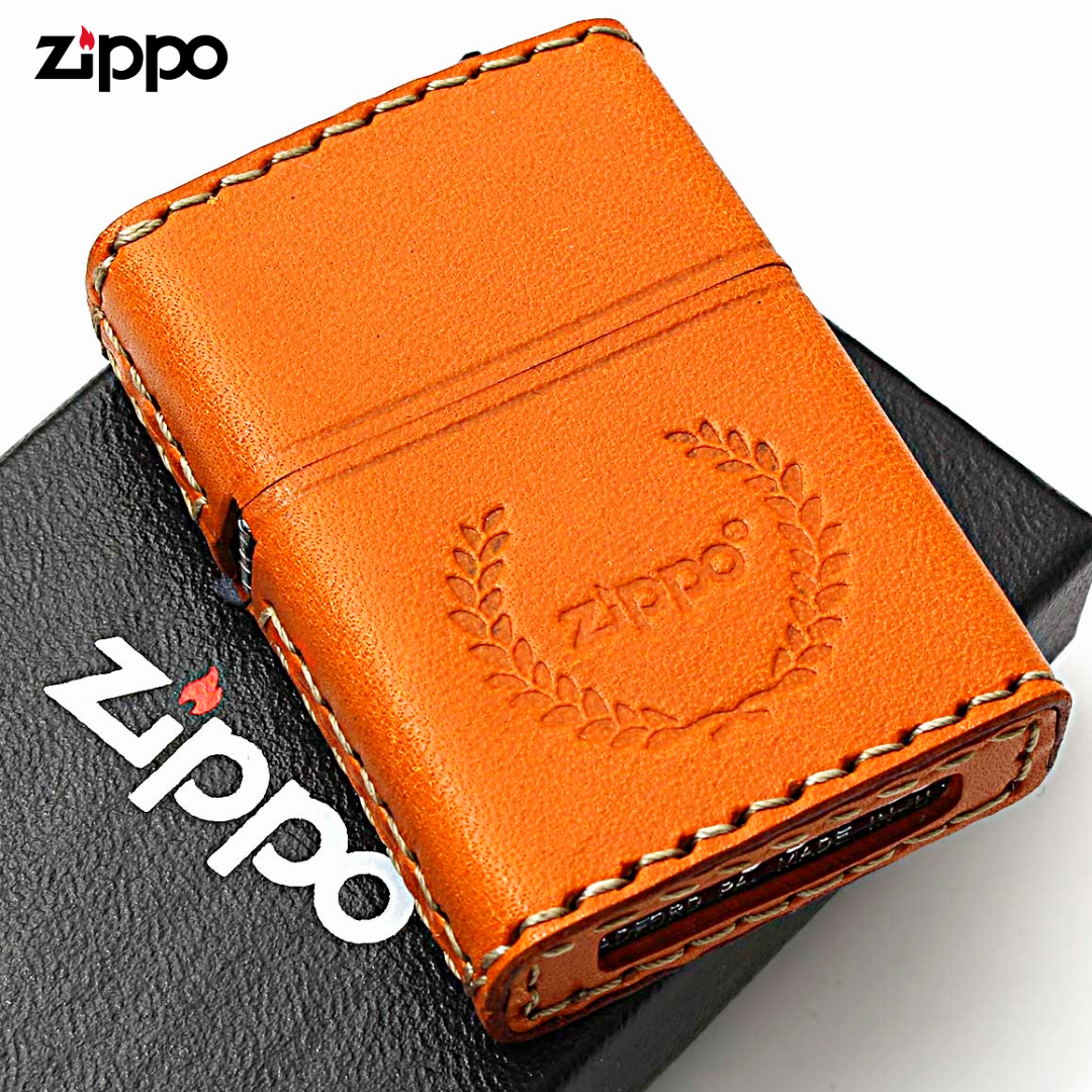 Zippo LB-7 Laurel Logo Camel Leather Lighter | Hand-Stitched Cowhide