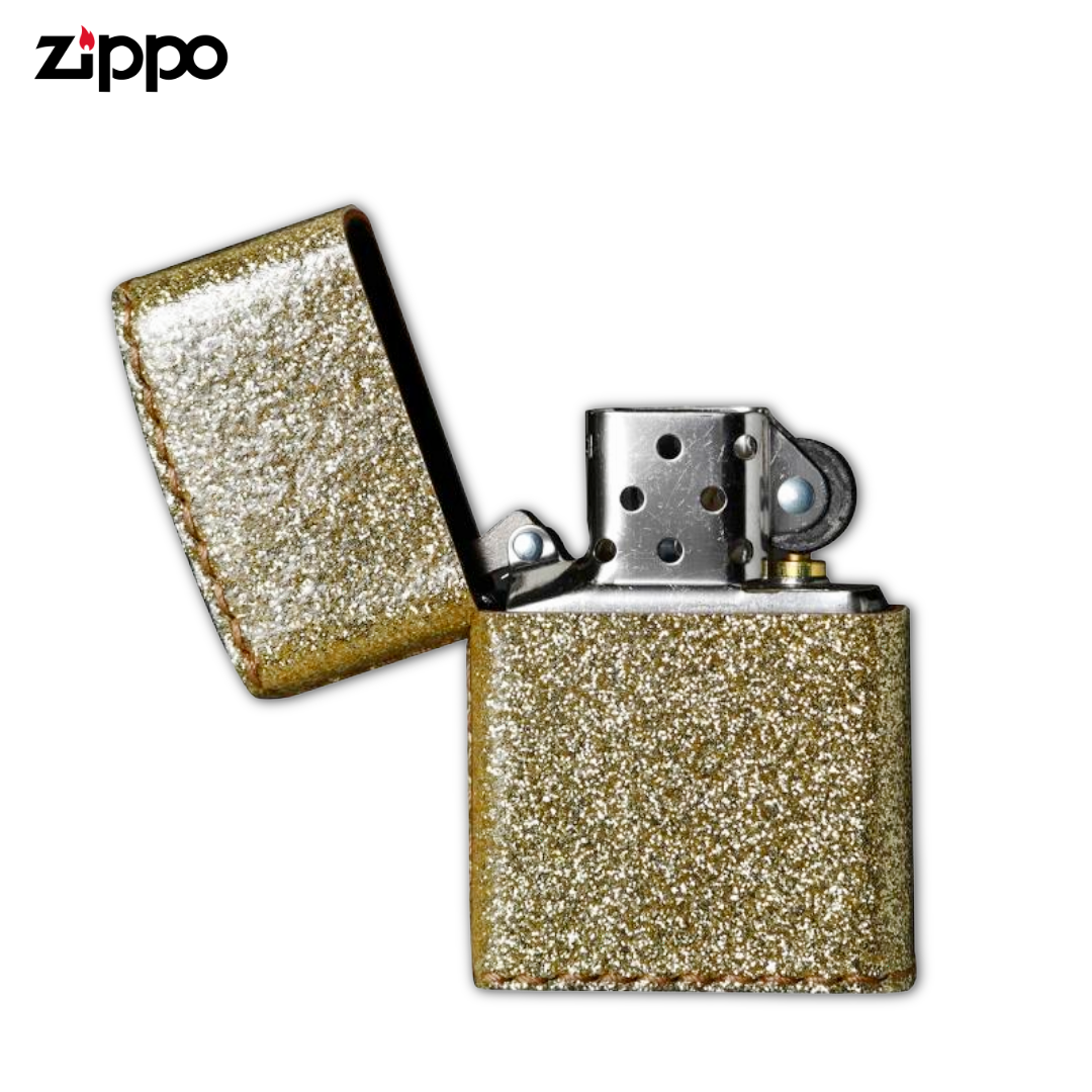 Zippo ZGL Gold Glitter Lighter | Hand-Sewn PVC Faux Leather Wrap