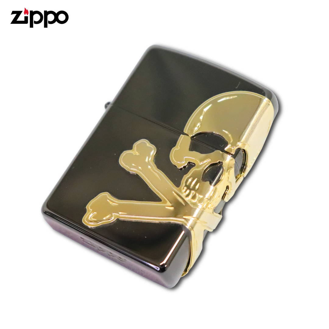 Zippo 2BNG-SKULL ライター – ブラックニッケル＆ゴールド スカル 
