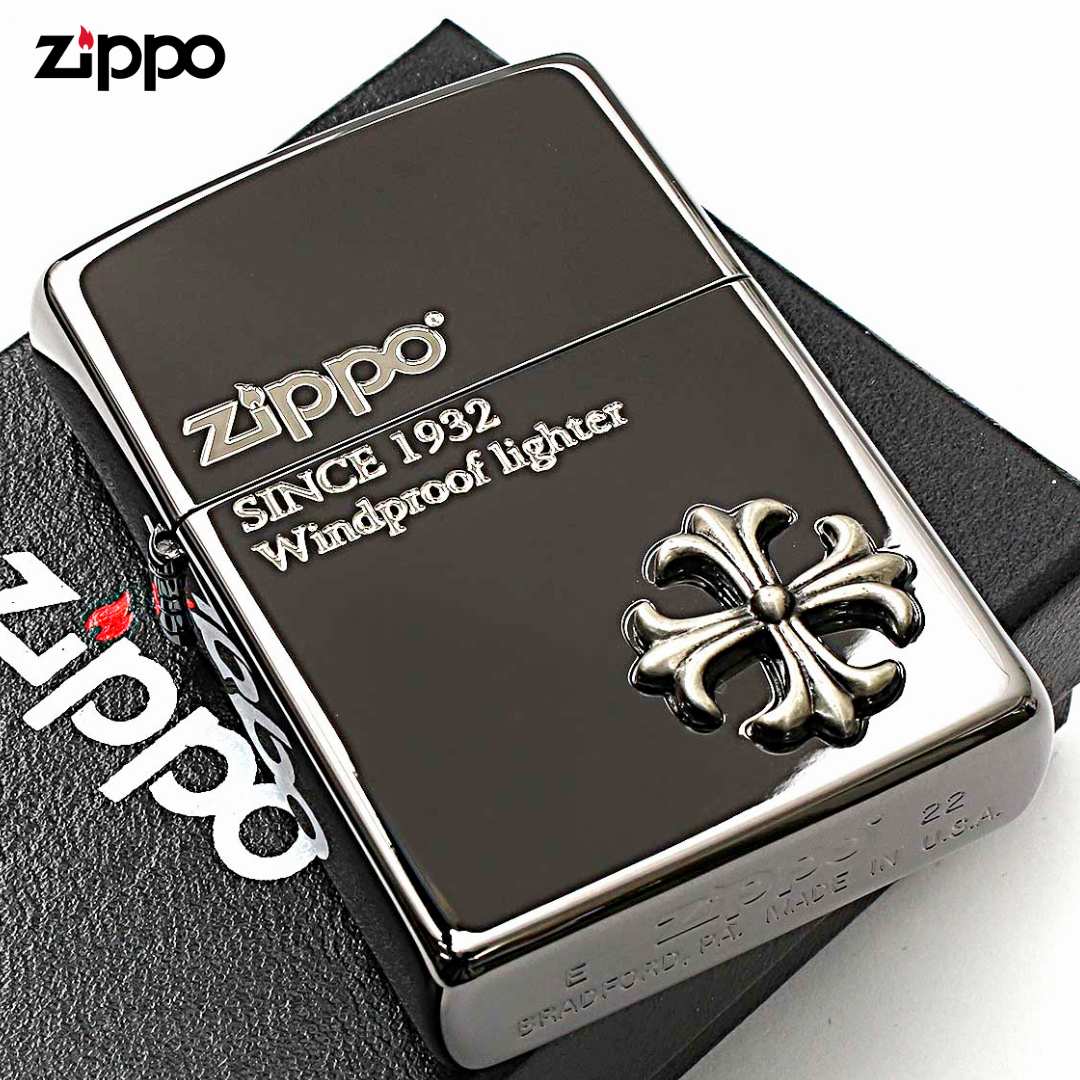 Zippo 2CM-2 Cross Metal Black Nickel Lighter | Etching & Metal Emblem