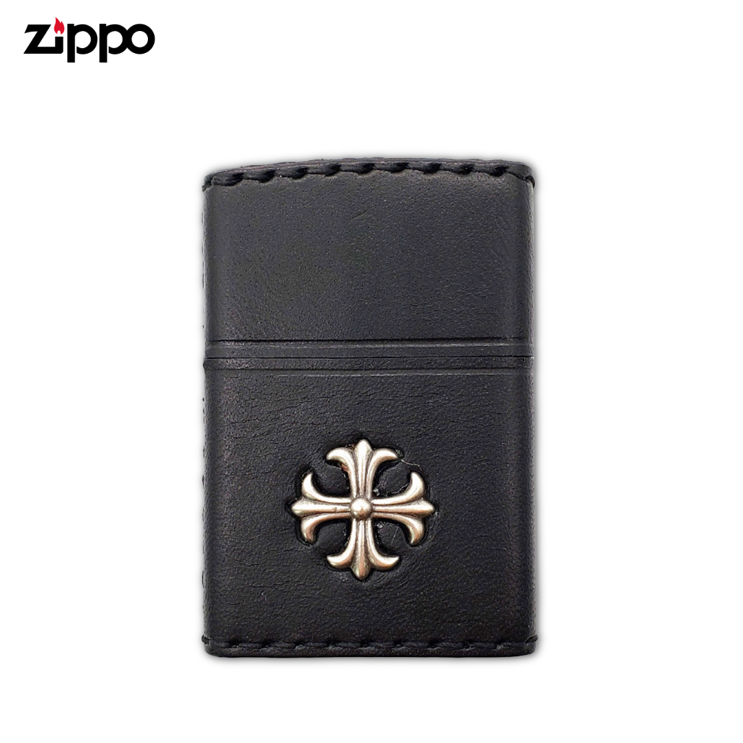 Zippo 2CM-3BK Leather Metal Cross Black Lighter | Cowhide & Fleur-de-Lis
