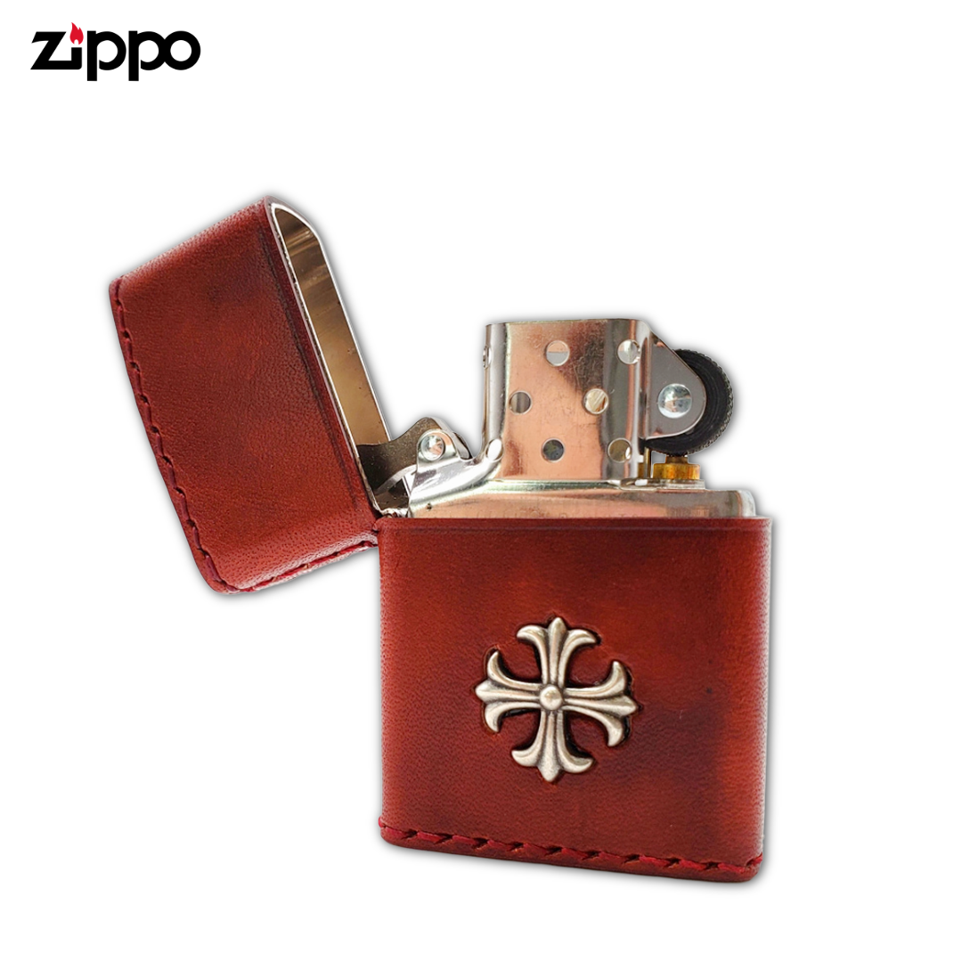 Zippo 2CM-3RD Leather Metal Cross Red Lighter | Hand-Stitched Cowhide