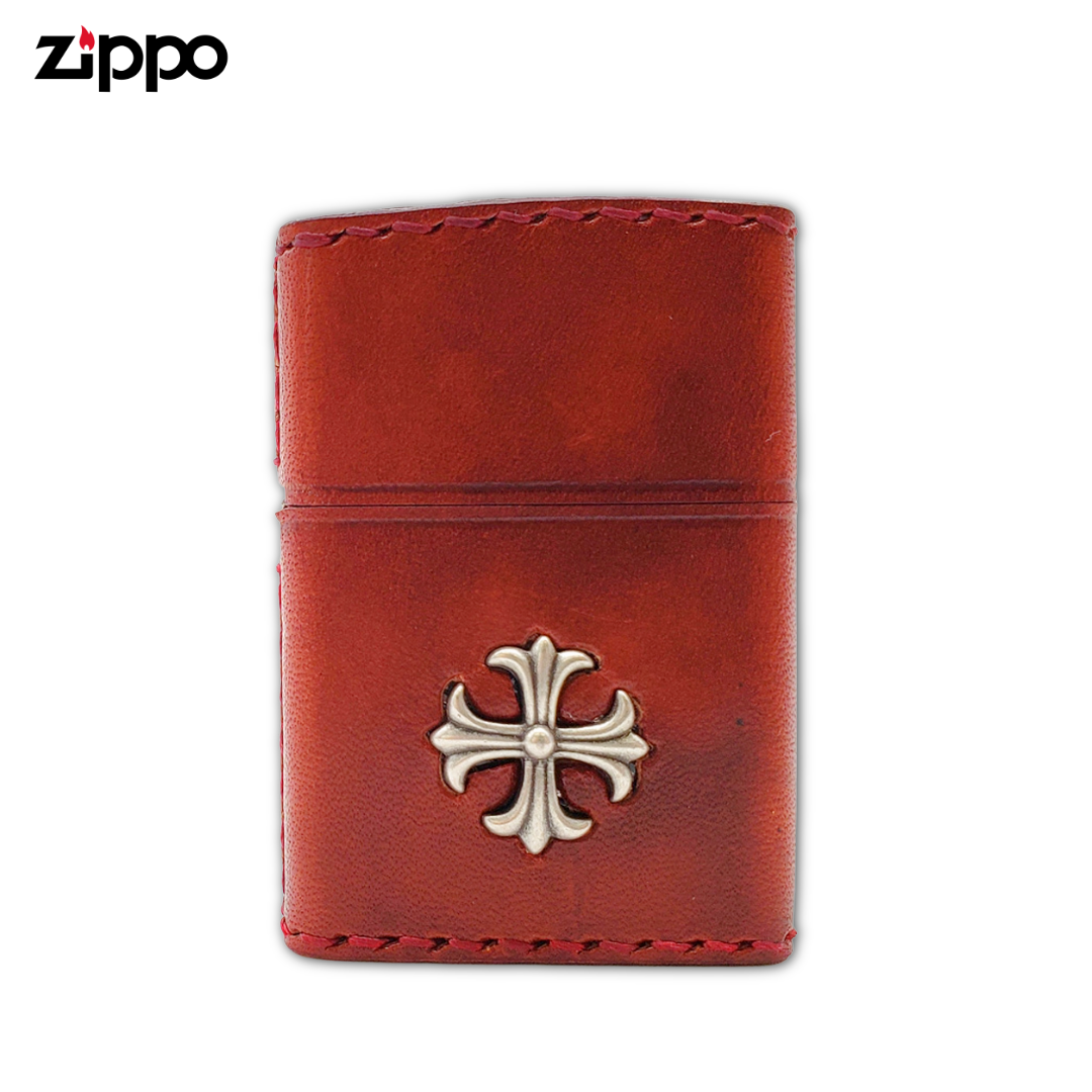 Zippo 2CM-3RD Leather Metal Cross Red Lighter | Hand-Stitched Cowhide