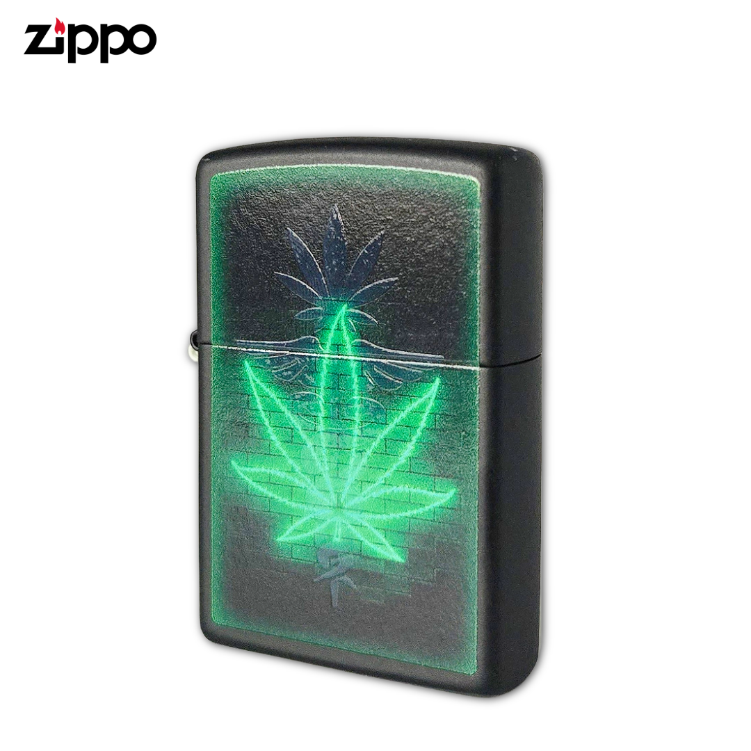 Zippo 46266 Gleaming Leaf Cannabis Lighter | Black Light Black Matte