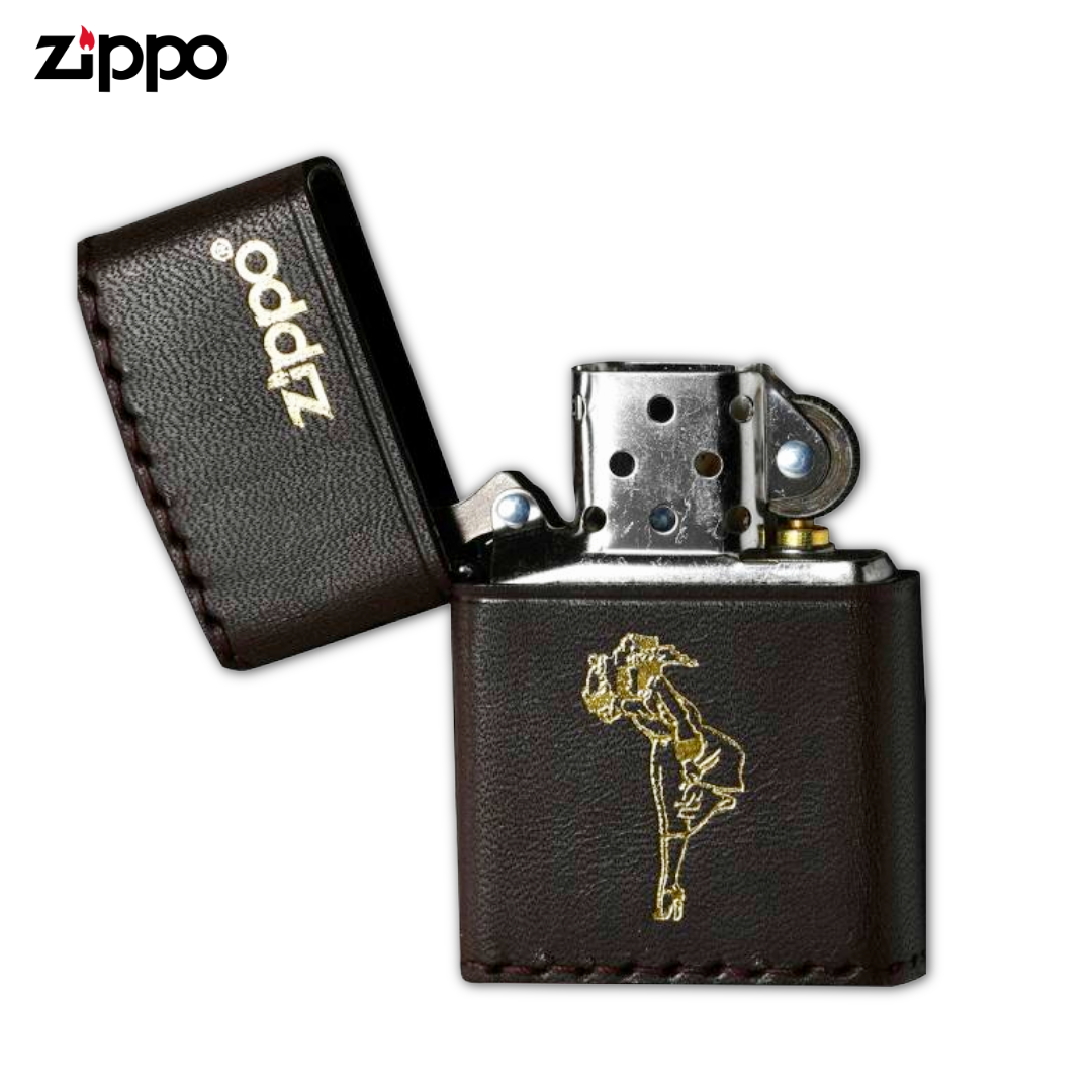Zippo DB-WG Windy Girl Brown Leather-Wrapped Lighter | Gold Foil Stamp