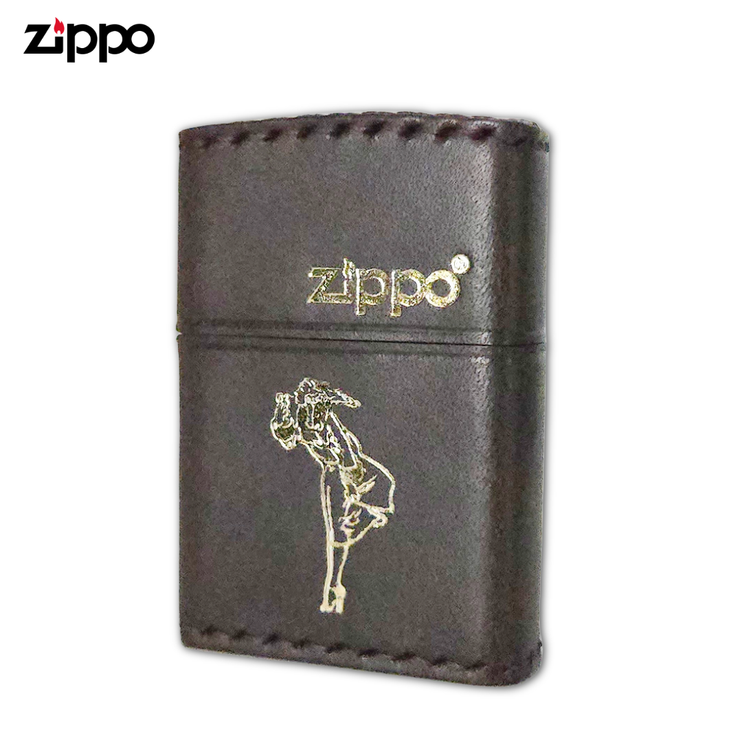 Zippo DB-WG Windy Girl Brown Leather-Wrapped Lighter | Gold Foil Stamp