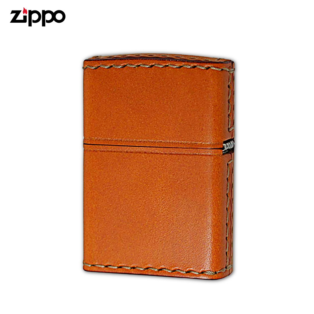 Zippo LB-7 Laurel Logo Camel Leather Lighter | Hand-Stitched Cowhide