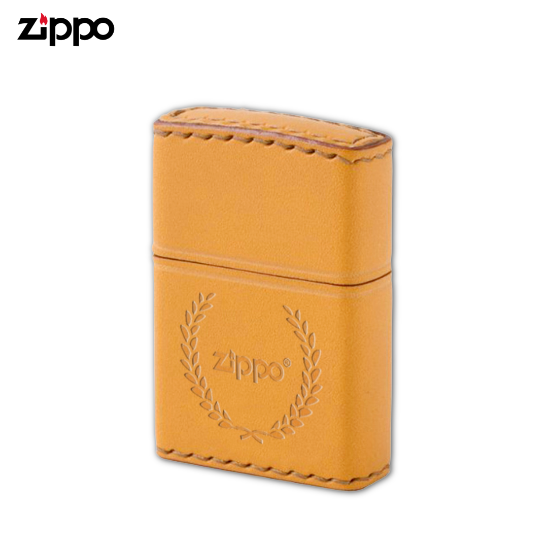 Zippo LB-7 Laurel Logo Camel Leather Lighter | Hand-Stitched Cowhide