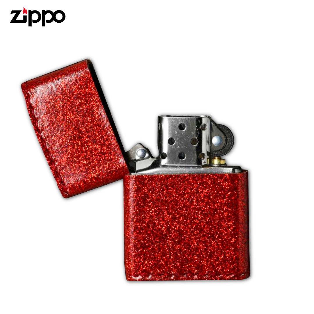 Zippo ZGL Red Glitter Lighter | Hand-Sewn PVC Faux Leather Wrap
