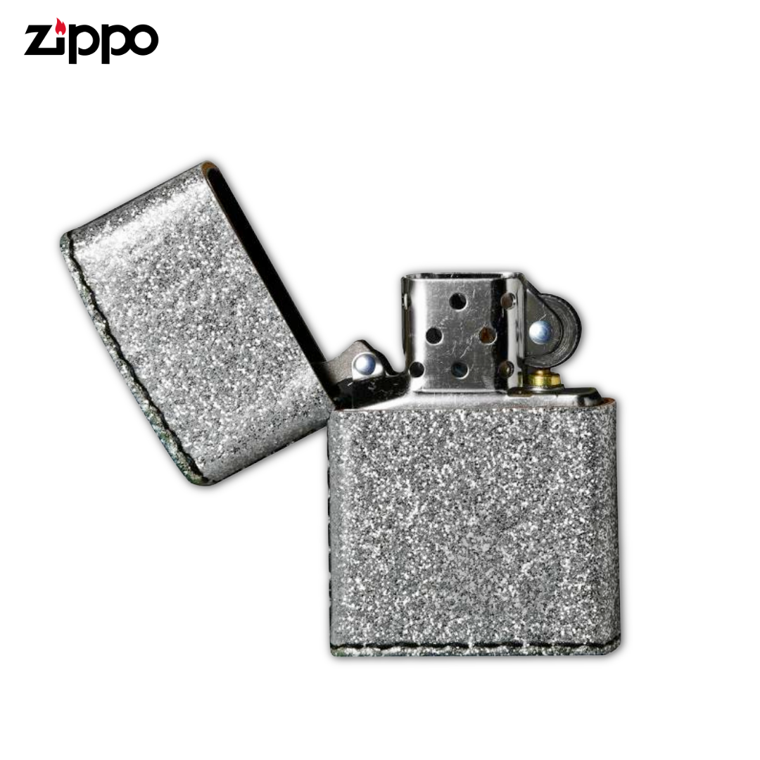 Zippo ZGL Silver Glitter Lighter | Hand-Sewn PVC Faux Leather Wrap