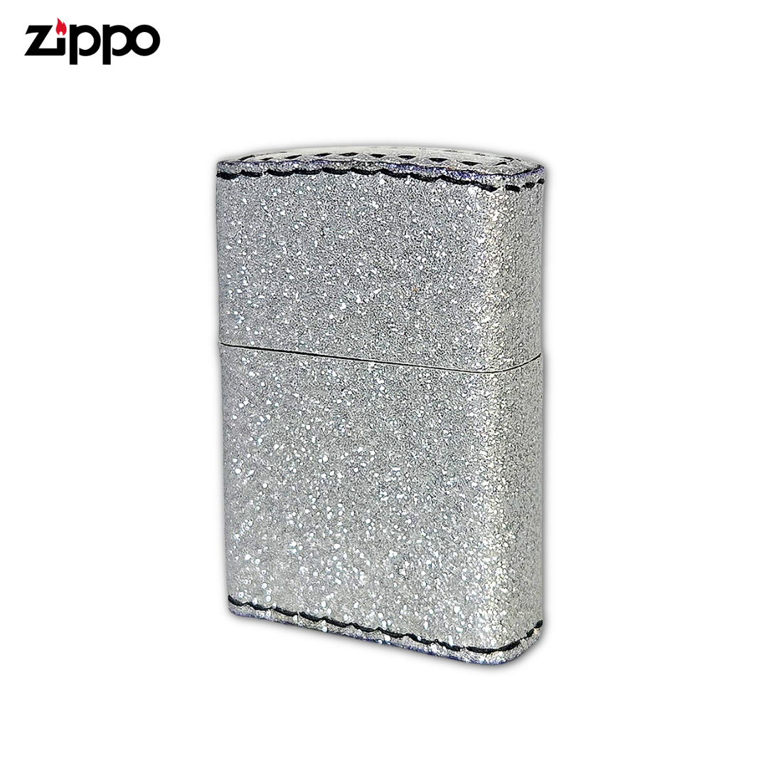 Zippo ZGL Silver Glitter Lighter | Hand-Sewn PVC Faux Leather Wrap